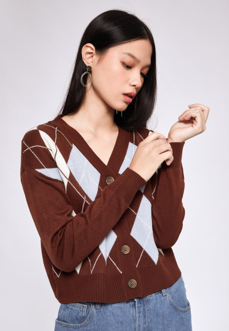 V-neck Argyle Cardigan