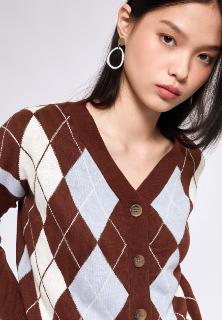 V-neck Argyle Cardigan