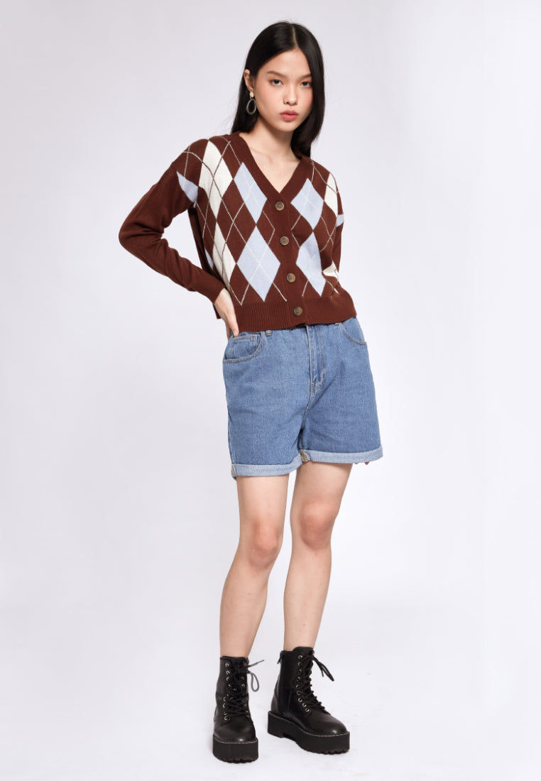 V-neck Argyle Cardigan