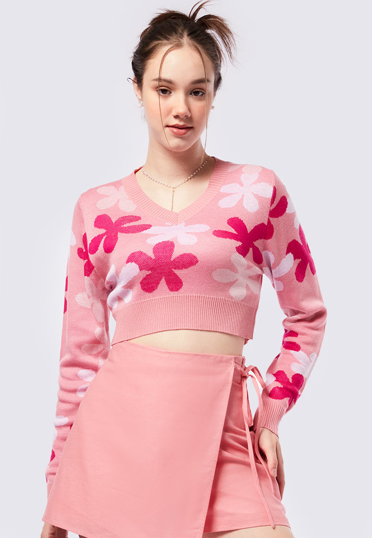 Flowery Long Sleeve Crop Sweater