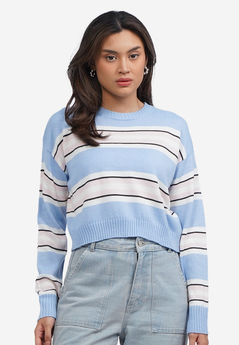 Stripes Long Sleeve Crop Sweater L.Blue