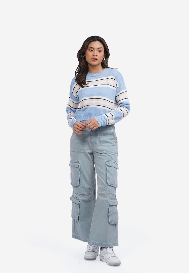 Stripes Long Sleeve Crop Sweater L.Blue