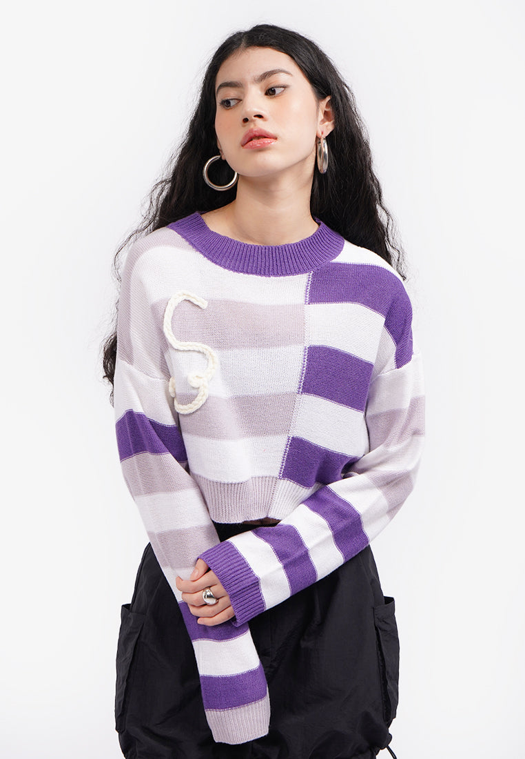 Striped Knit Crop Sweater Lilac