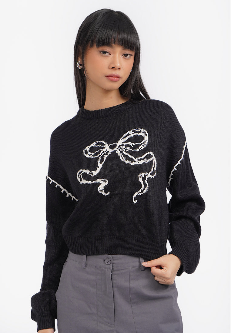 Blanket Stitch Long Sleeve Sweater Black