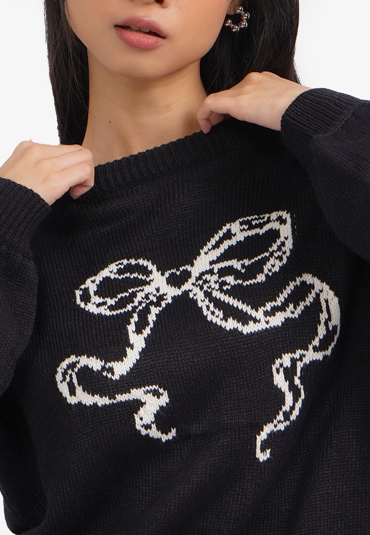 Blanket Stitch Long Sleeve Sweater Black