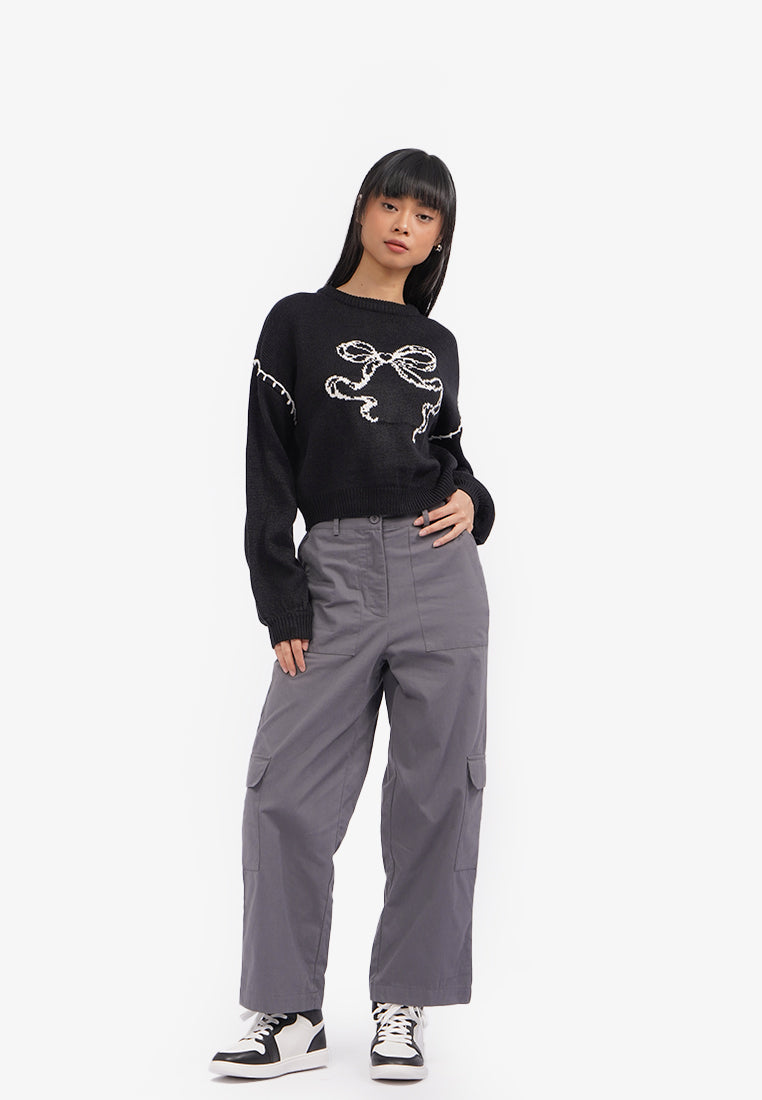 Blanket Stitch Long Sleeve Sweater Black