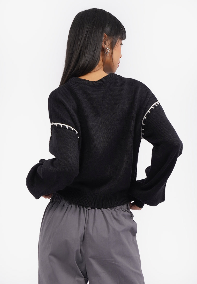 Blanket Stitch Long Sleeve Sweater Black