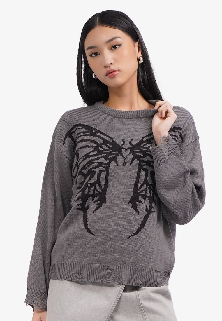 Long Sleeve Butterfly Sweater Grey