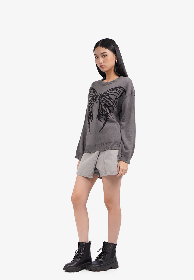 Long Sleeve Butterfly Sweater Grey
