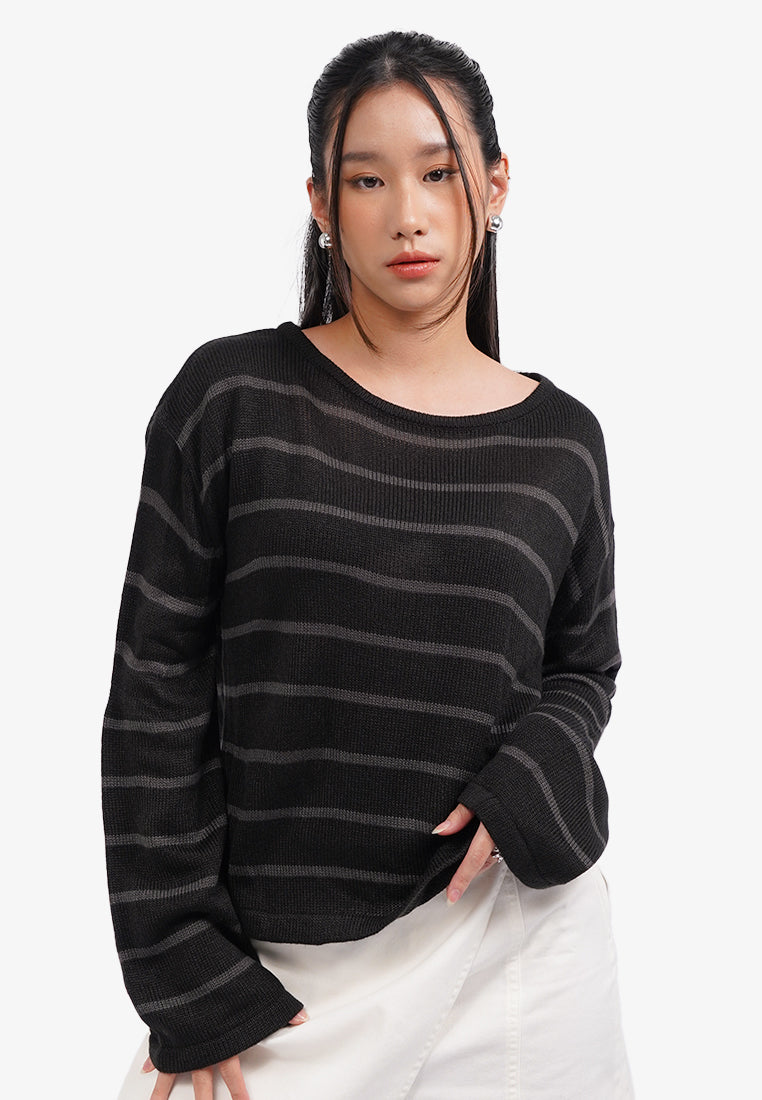 Long Sleeve Stripe Knit Jumper Black