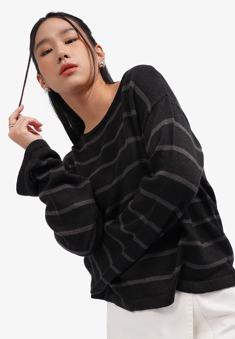 Long Sleeve Stripe Knit Jumper Black