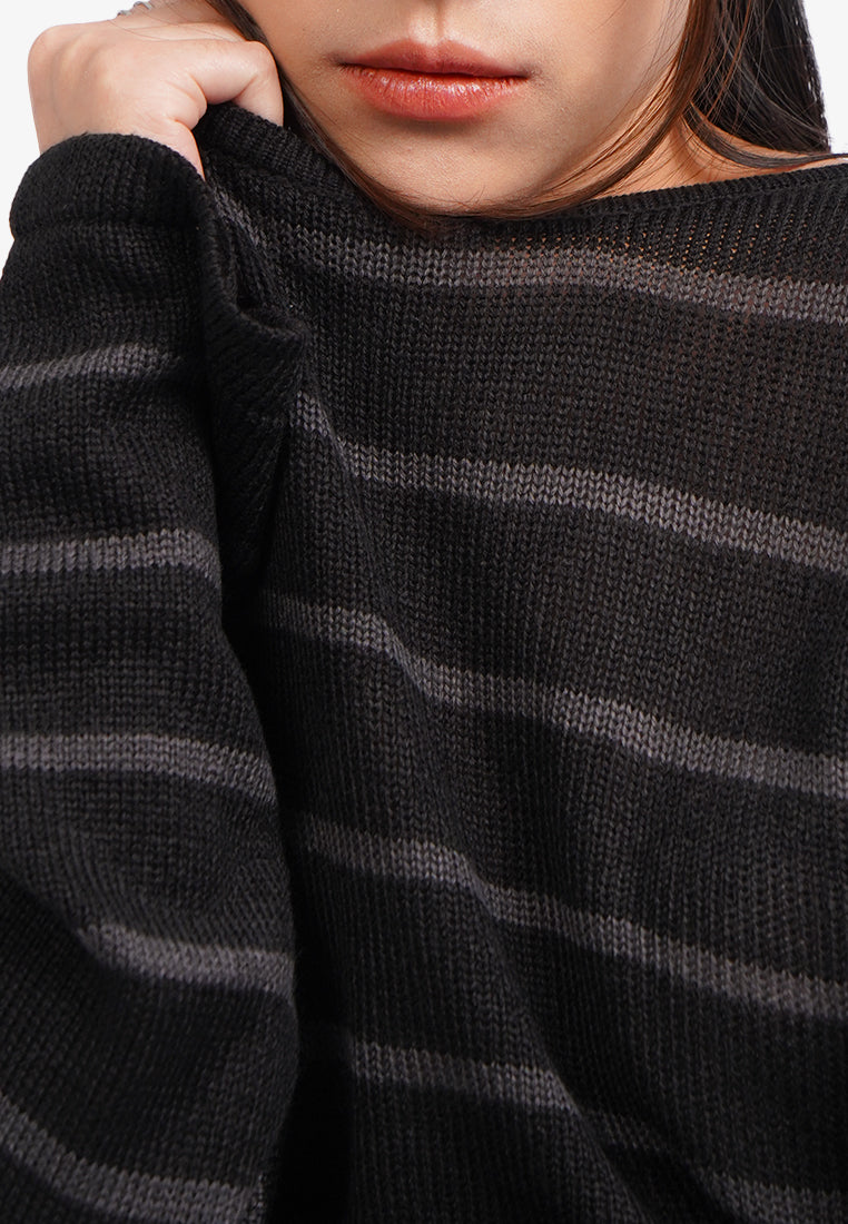 Long Sleeve Stripe Knit Jumper Black