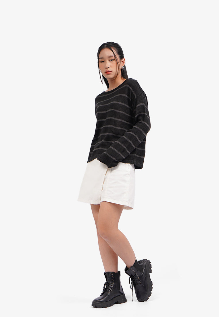 Long Sleeve Stripe Knit Jumper Black