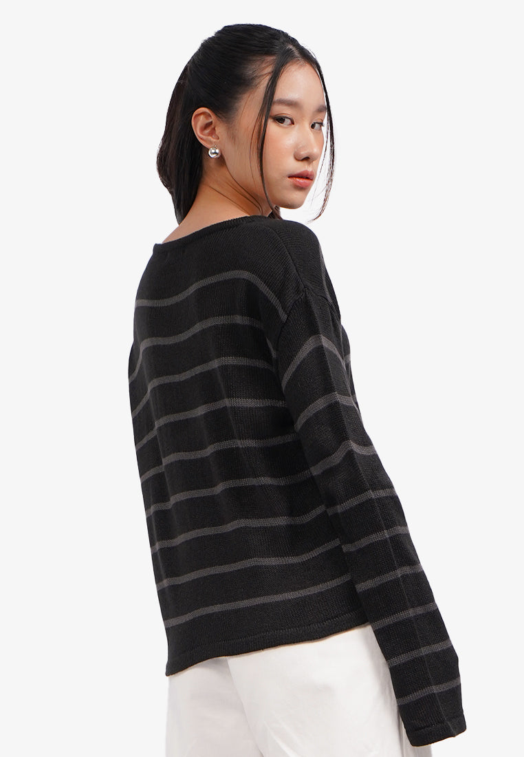 Long Sleeve Stripe Knit Jumper Black