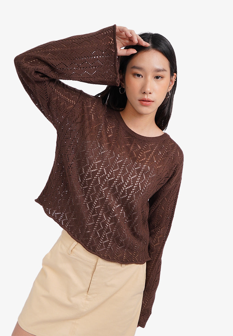 Long Sleeve Textured Sweater Dark Brown