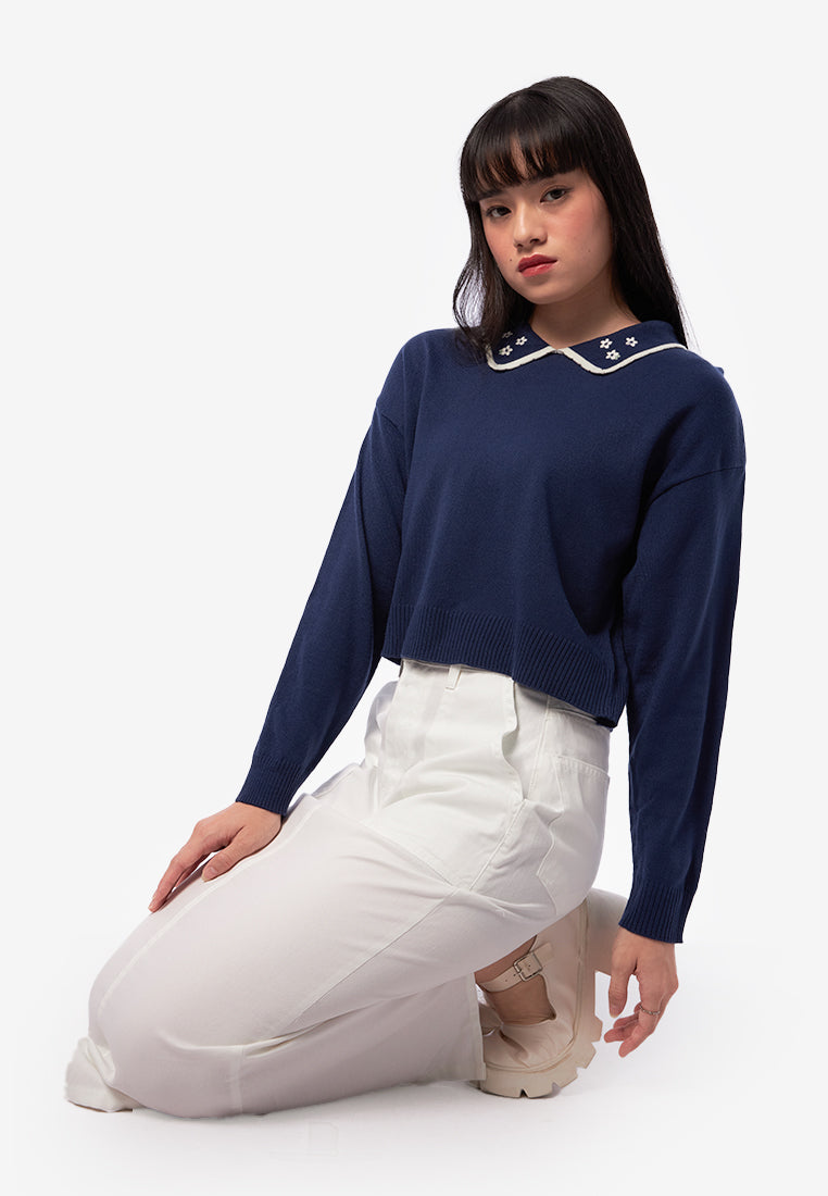 Long Sleeve Collar Knit Sweater Navy