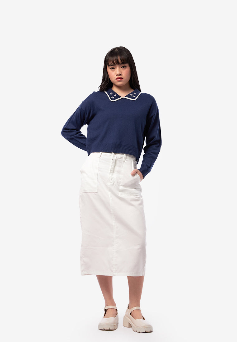 Long Sleeve Collar Knit Sweater Navy