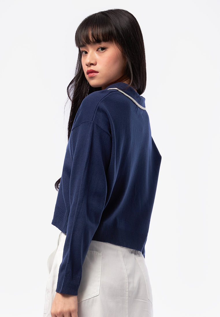 Long Sleeve Collar Knit Sweater Navy