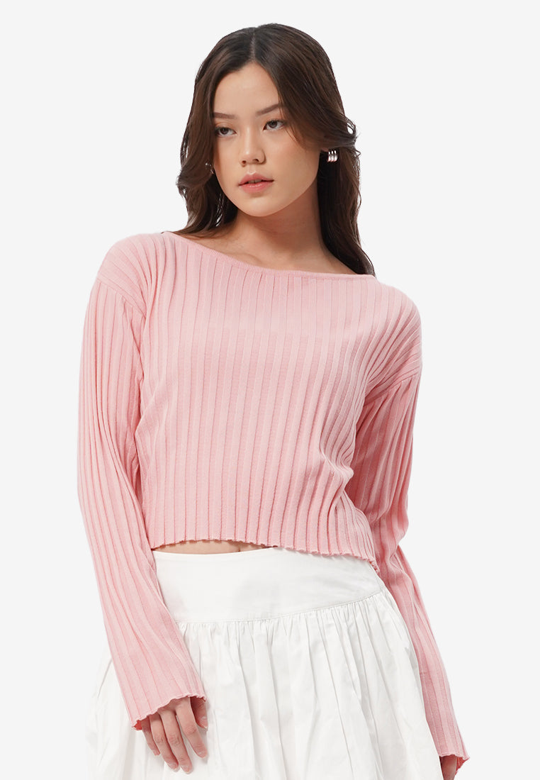 Long Sleeve Boat Neck Crop Sweater L.Pink