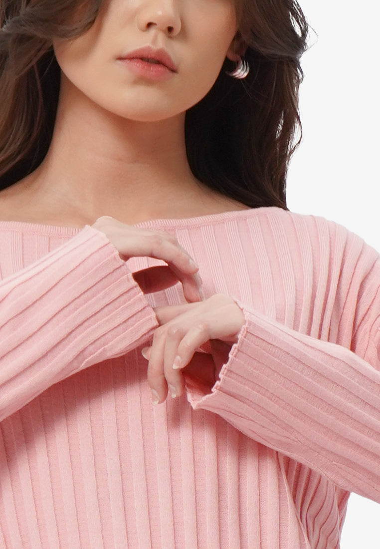 Long Sleeve Boat Neck Crop Sweater L.Pink