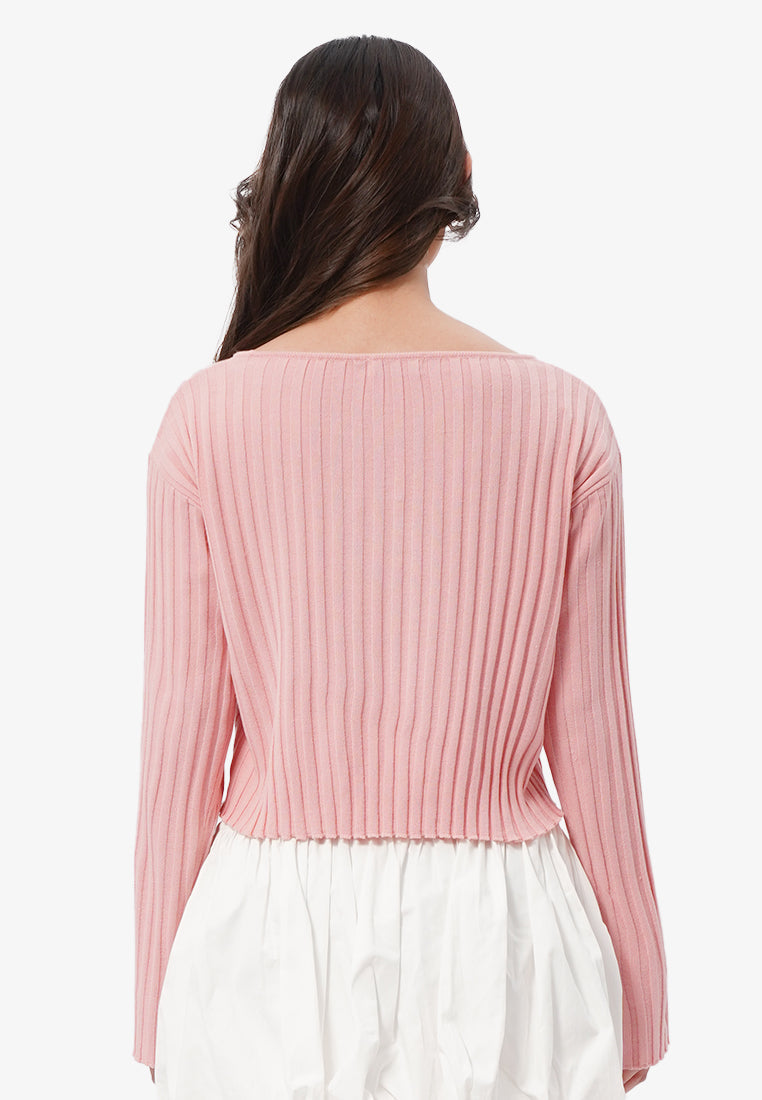 Long Sleeve Boat Neck Crop Sweater L.Pink