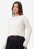 Long Sleeve Boat Neck Crop Sweater Off White