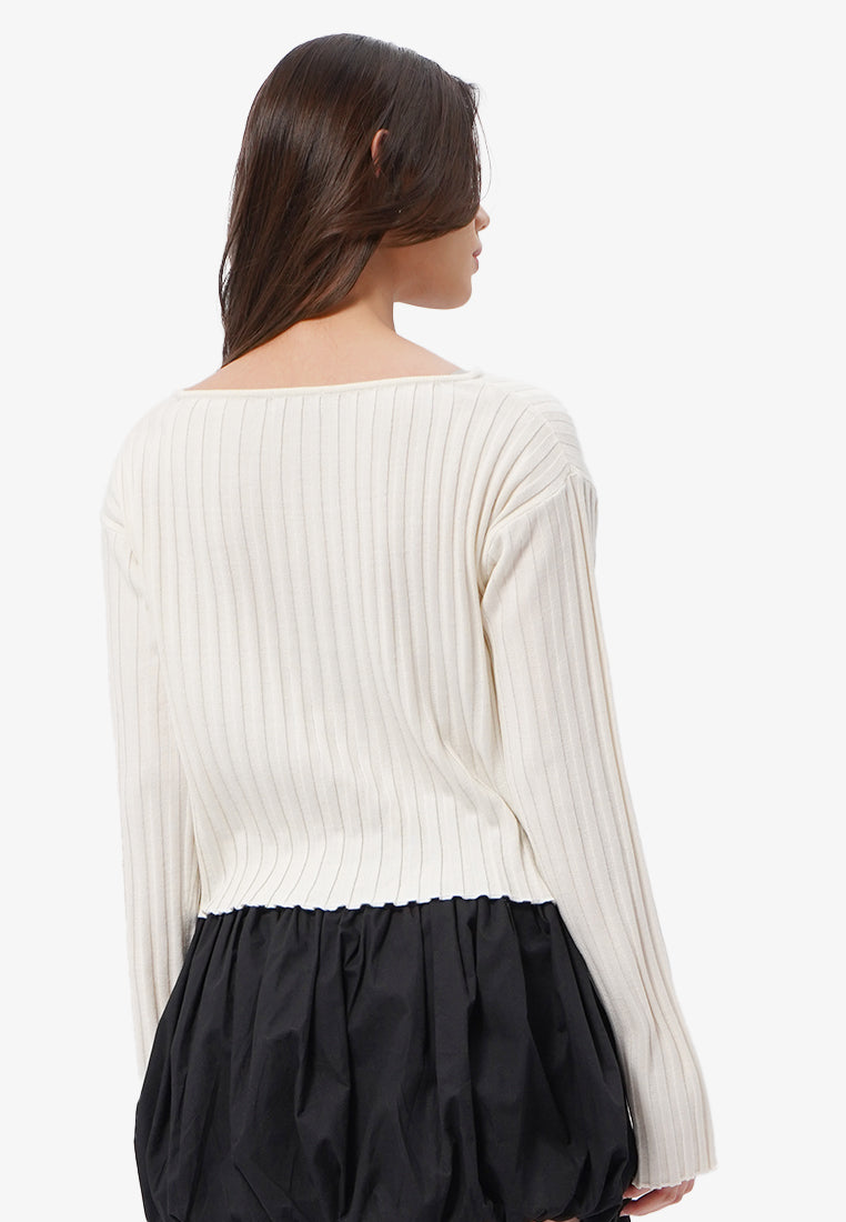 Long Sleeve Boat Neck Crop Sweater Off White