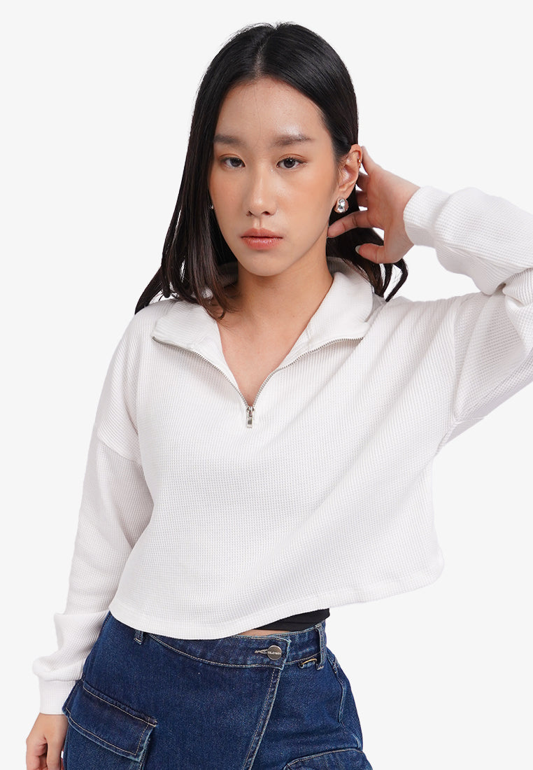 Long Sleeve Waffle Sweatshirt Off White