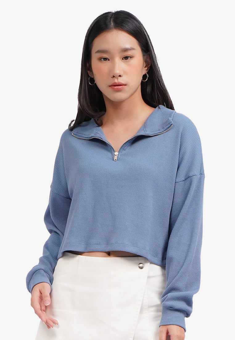 Long Sleeve Waffle Sweatshirt Blue