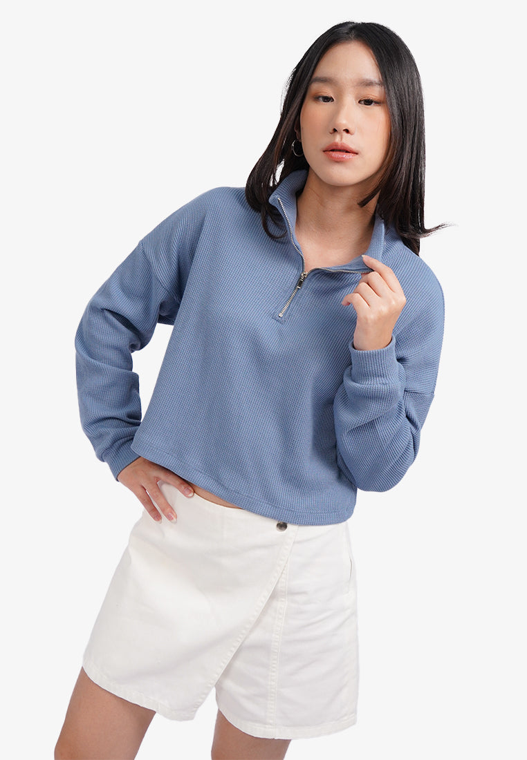 Long Sleeve Waffle Sweatshirt Blue