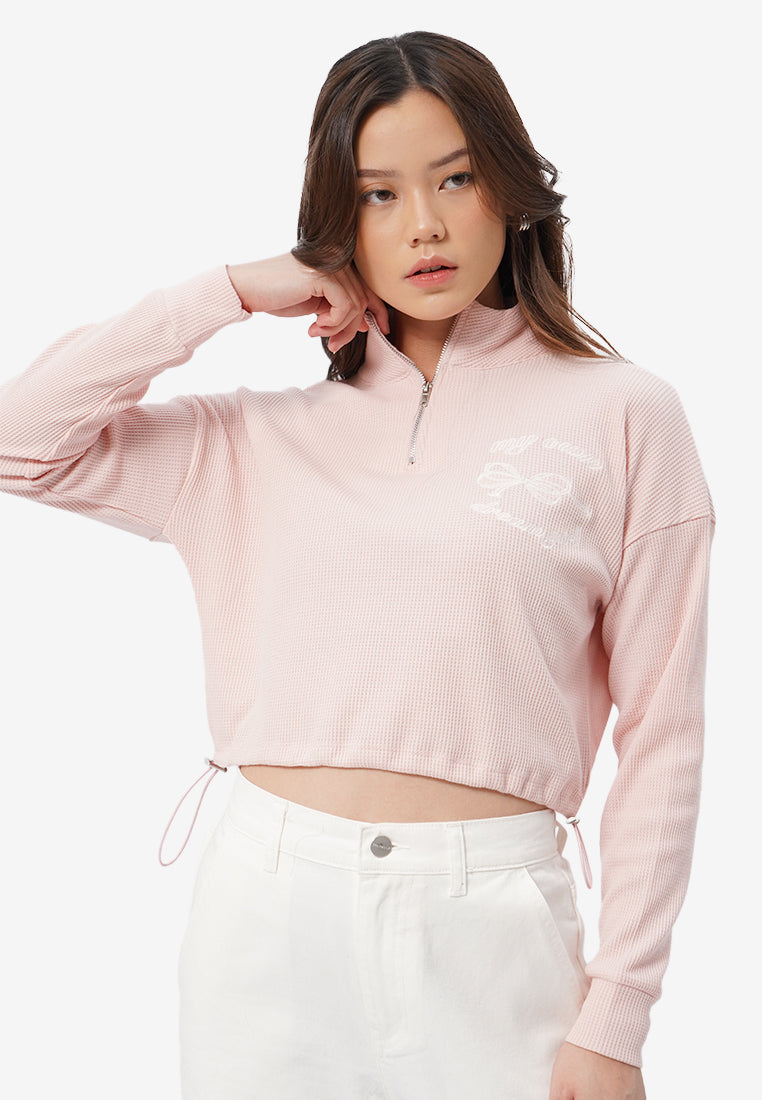 Zipped Up Long Sleeve Crop Sweatshirt L.Pink