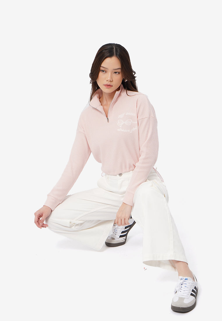 Zipped Up Long Sleeve Crop Sweatshirt L.Pink