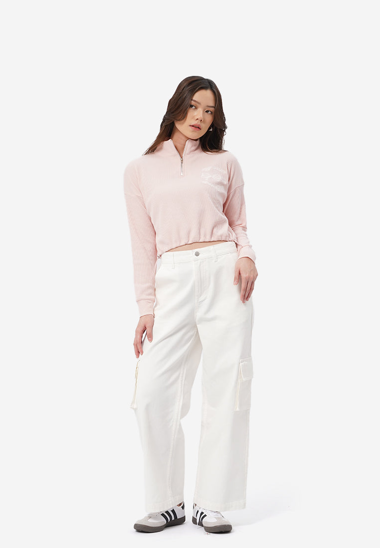 Zipped Up Long Sleeve Crop Sweatshirt L.Pink