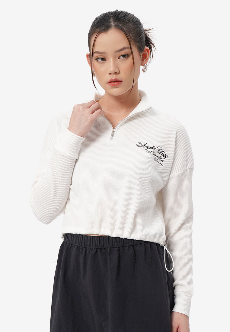 Zipped Up Long Sleeve Crop Sweatshirt Off White