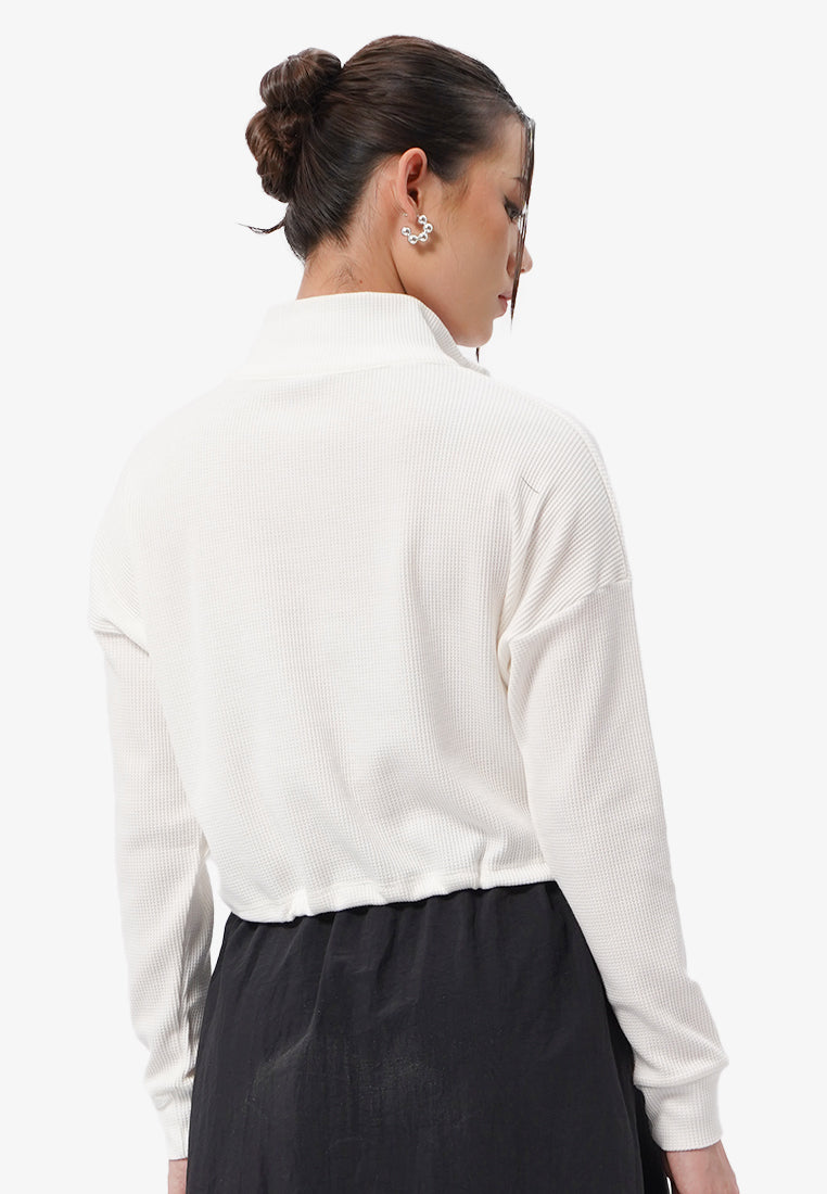 Zipped Up Long Sleeve Crop Sweatshirt Off White