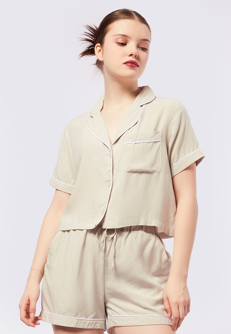 Piped-Trim Shirt and Shorts Pajama Set