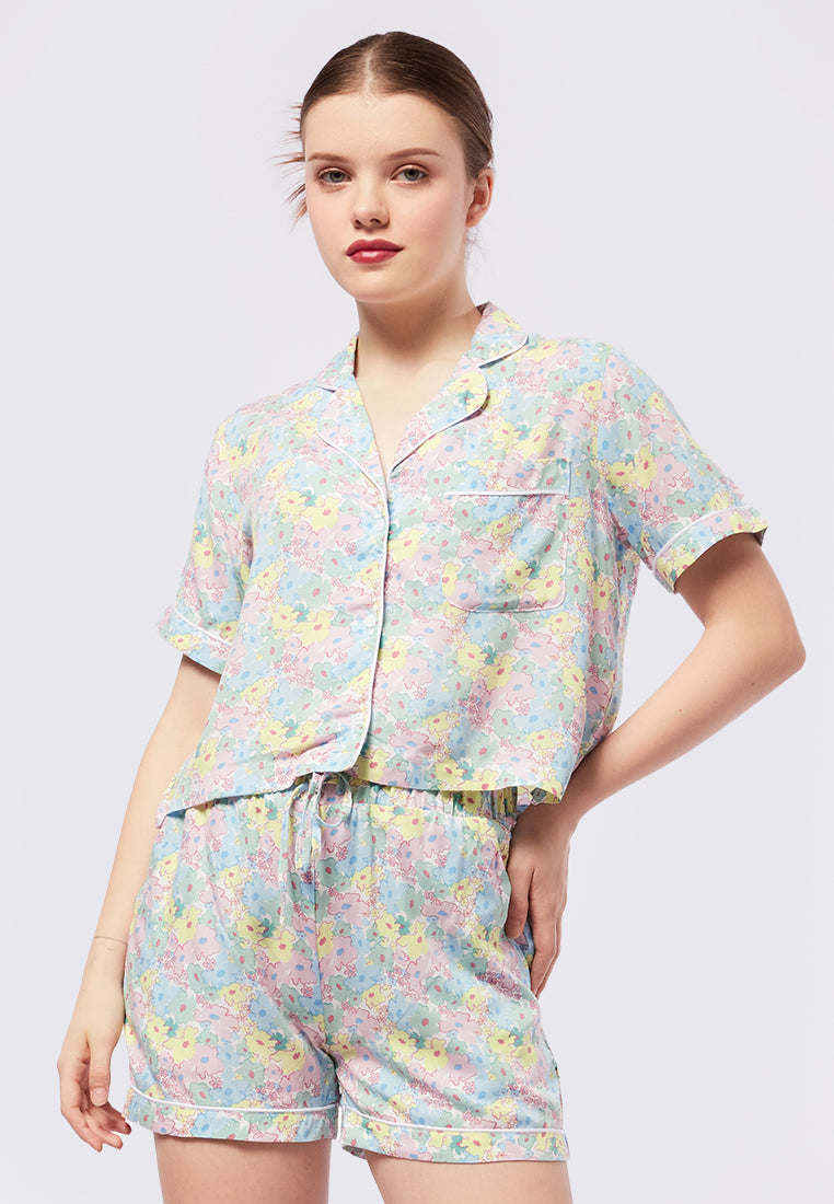 Printed Trim Shirt and Shorts Pajama Set