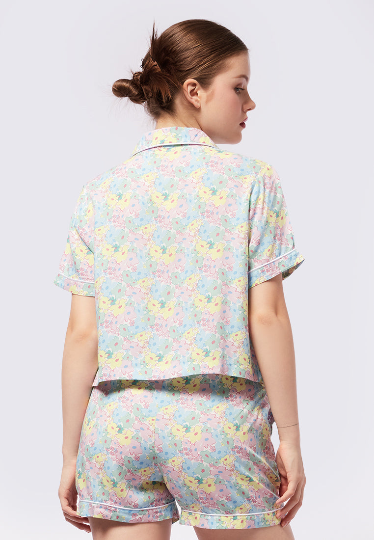 Printed Trim Shirt and Shorts Pajama Set