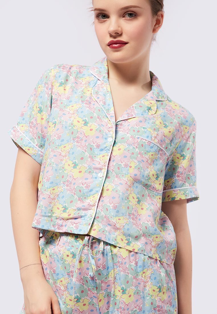 Printed Trim Shirt and Shorts Pajama Set