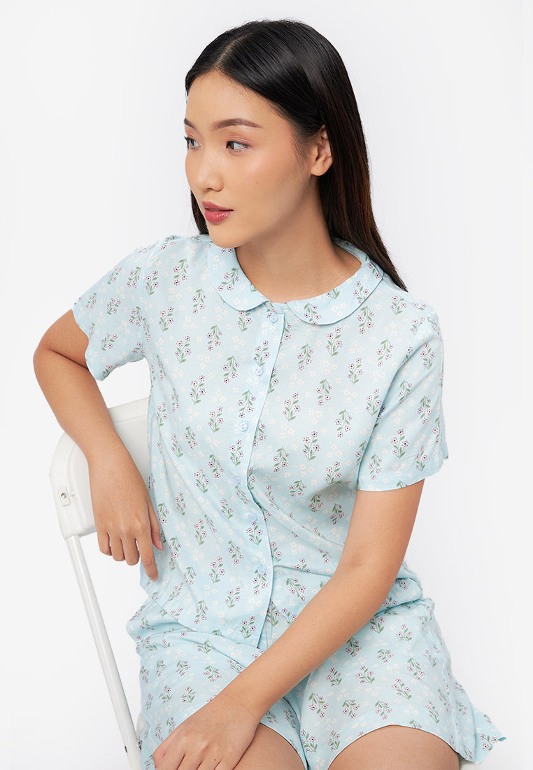 Short Sleeve Printed Pajamas Set Blue