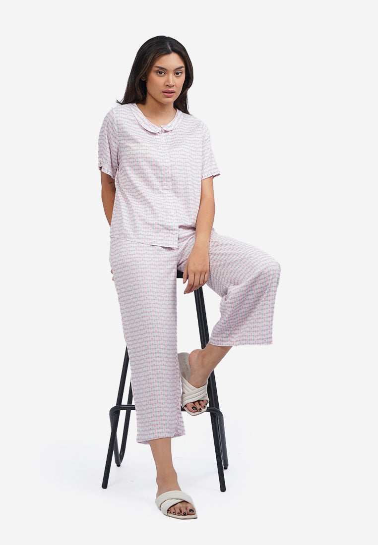Checks Printed Short Sleeve Pajama Set Pink