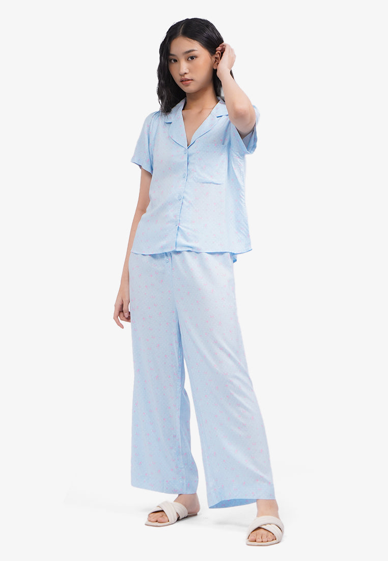 Long Pants Printed Pajama Set Blue