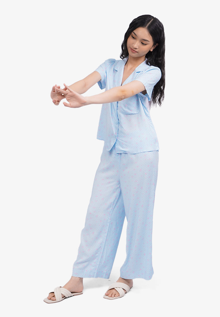 Long Pants Printed Pajama Set Blue