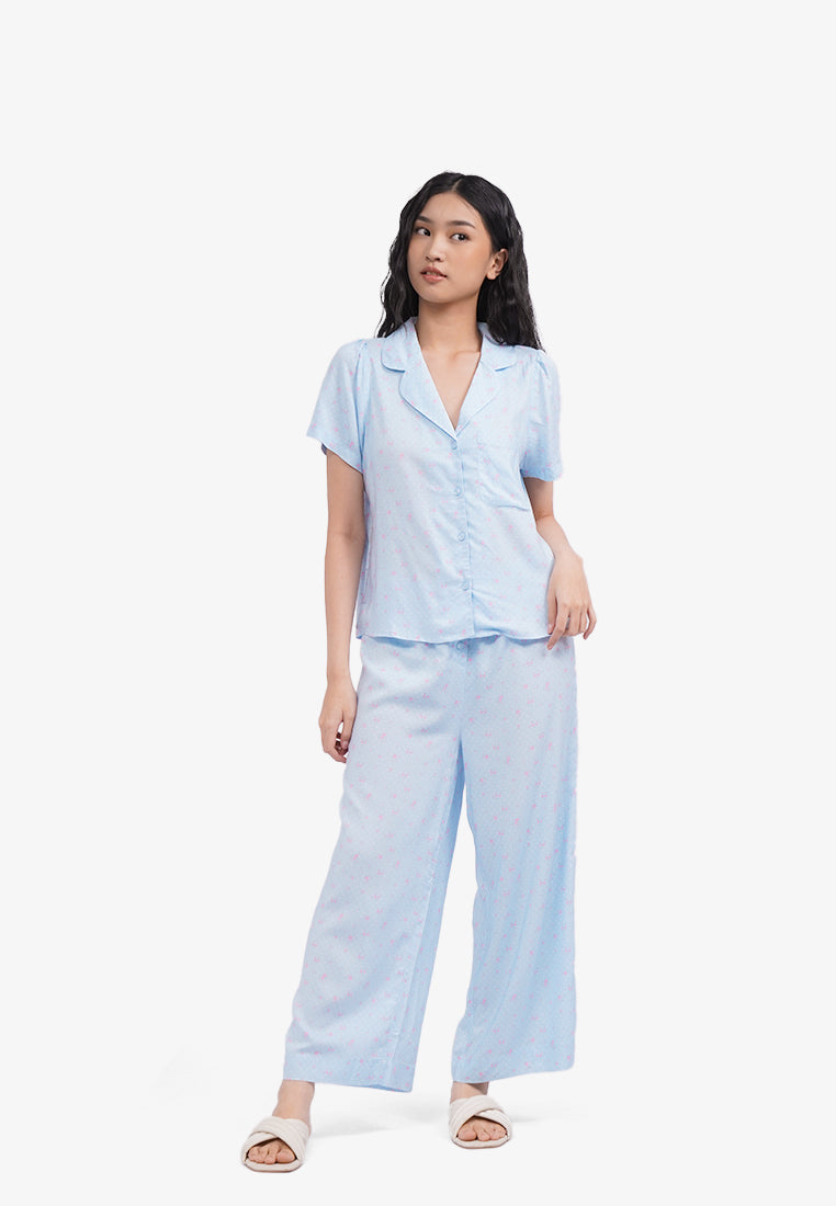 Long Pants Printed Pajama Set Blue