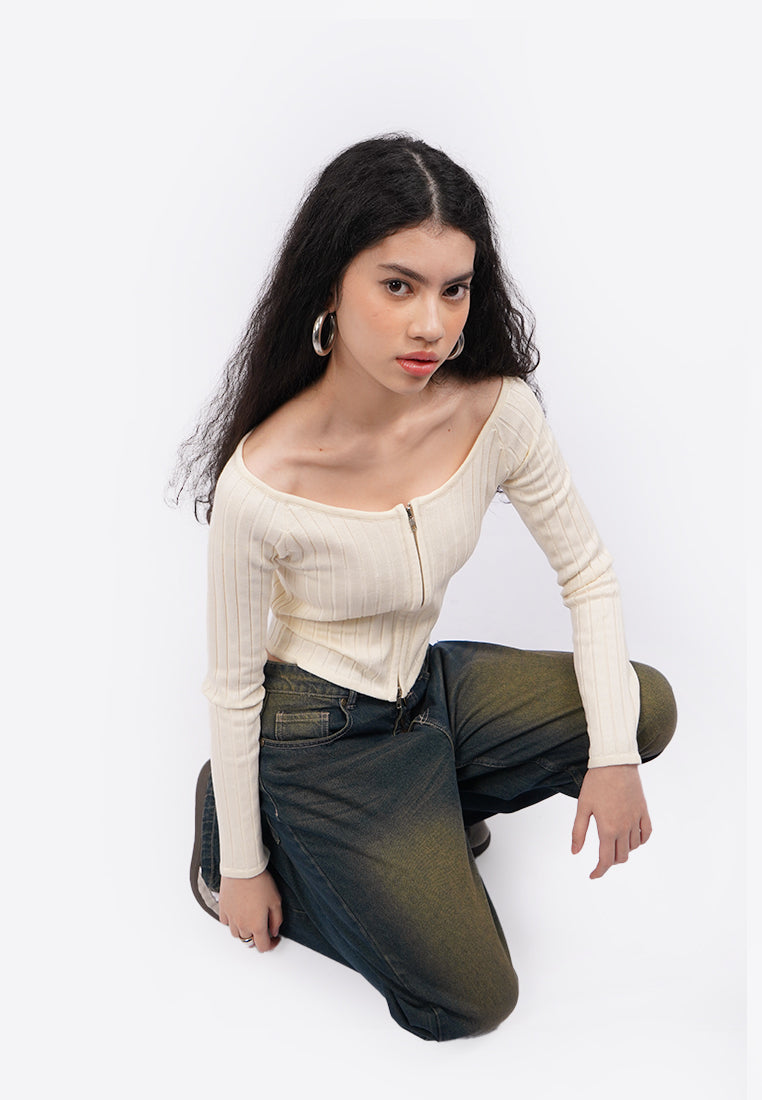 Off Shoulder Long Sleeve Zip Top