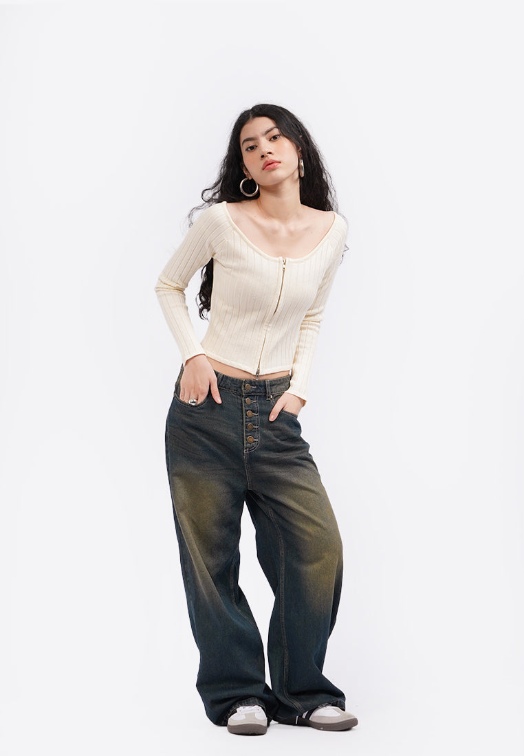 Off Shoulder Long Sleeve Zip Top