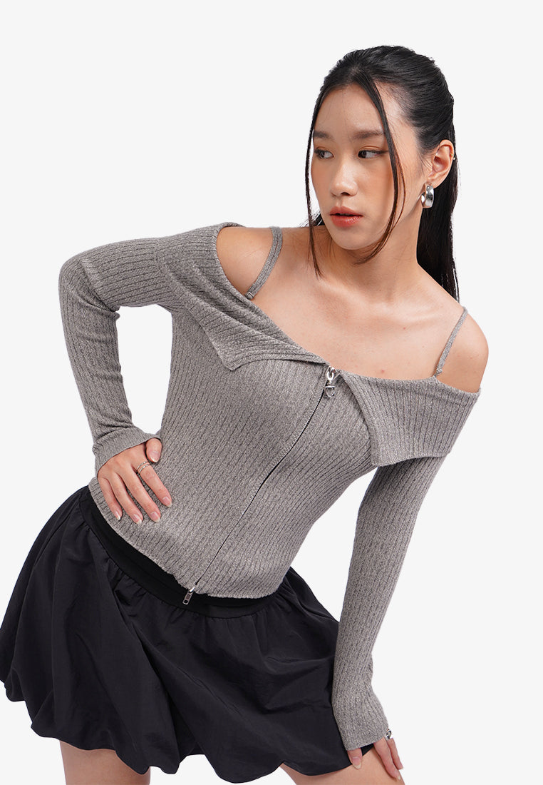 Off Shoulder Zipped Long Sleeve Top Grey