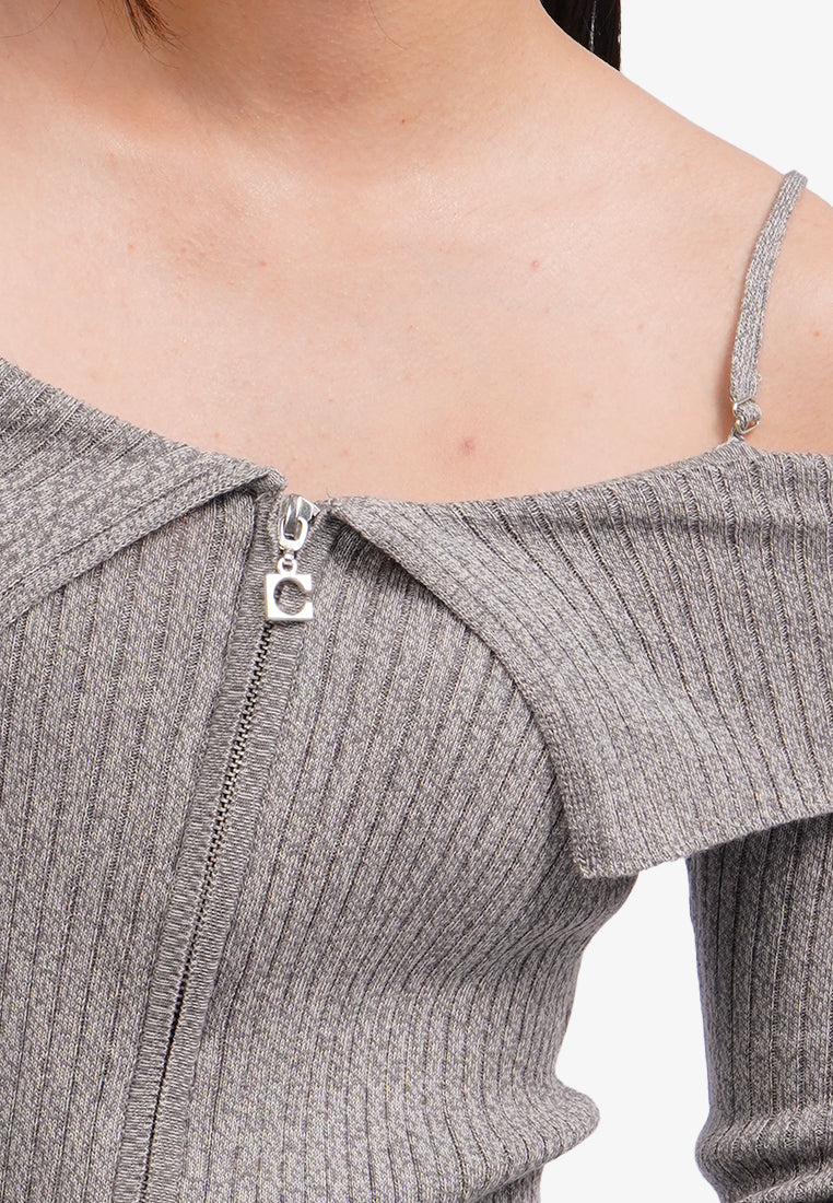 Off Shoulder Zipped Long Sleeve Top Grey