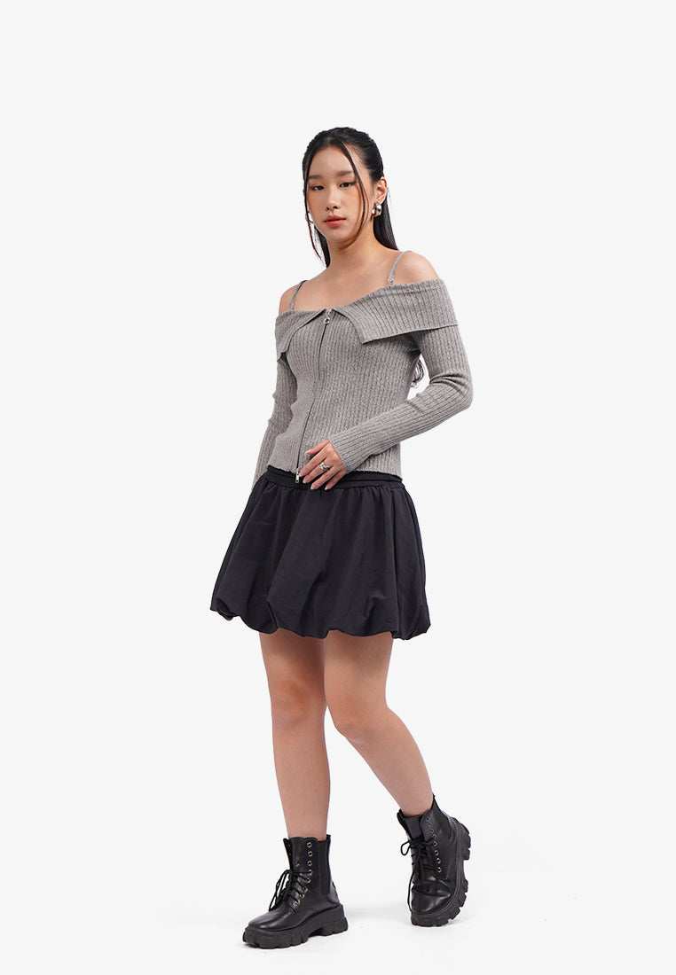 Off Shoulder Zipped Long Sleeve Top Grey