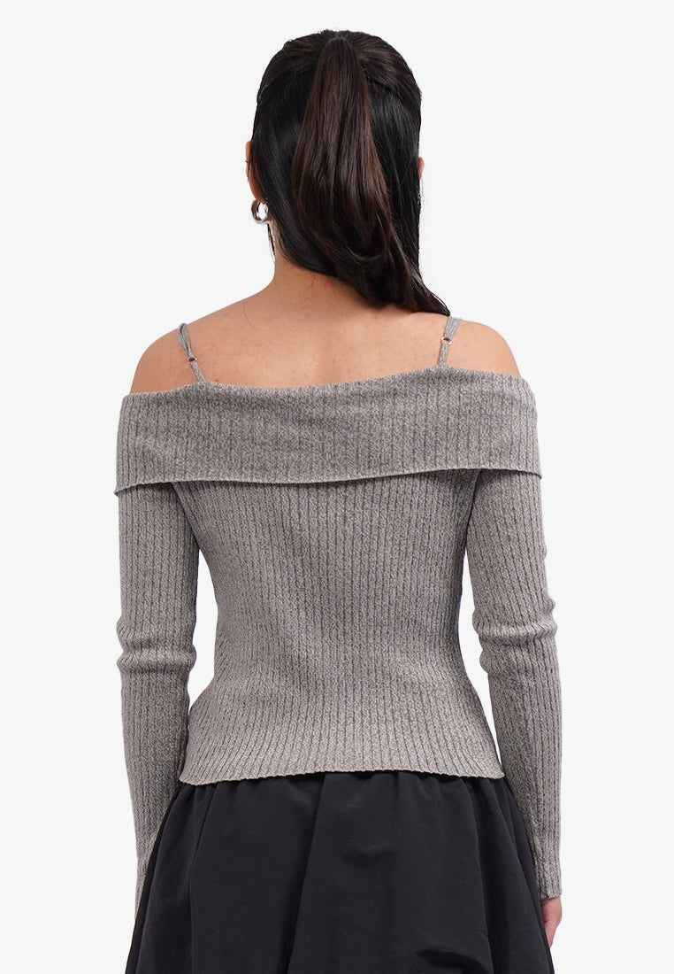 Off Shoulder Zipped Long Sleeve Top Grey